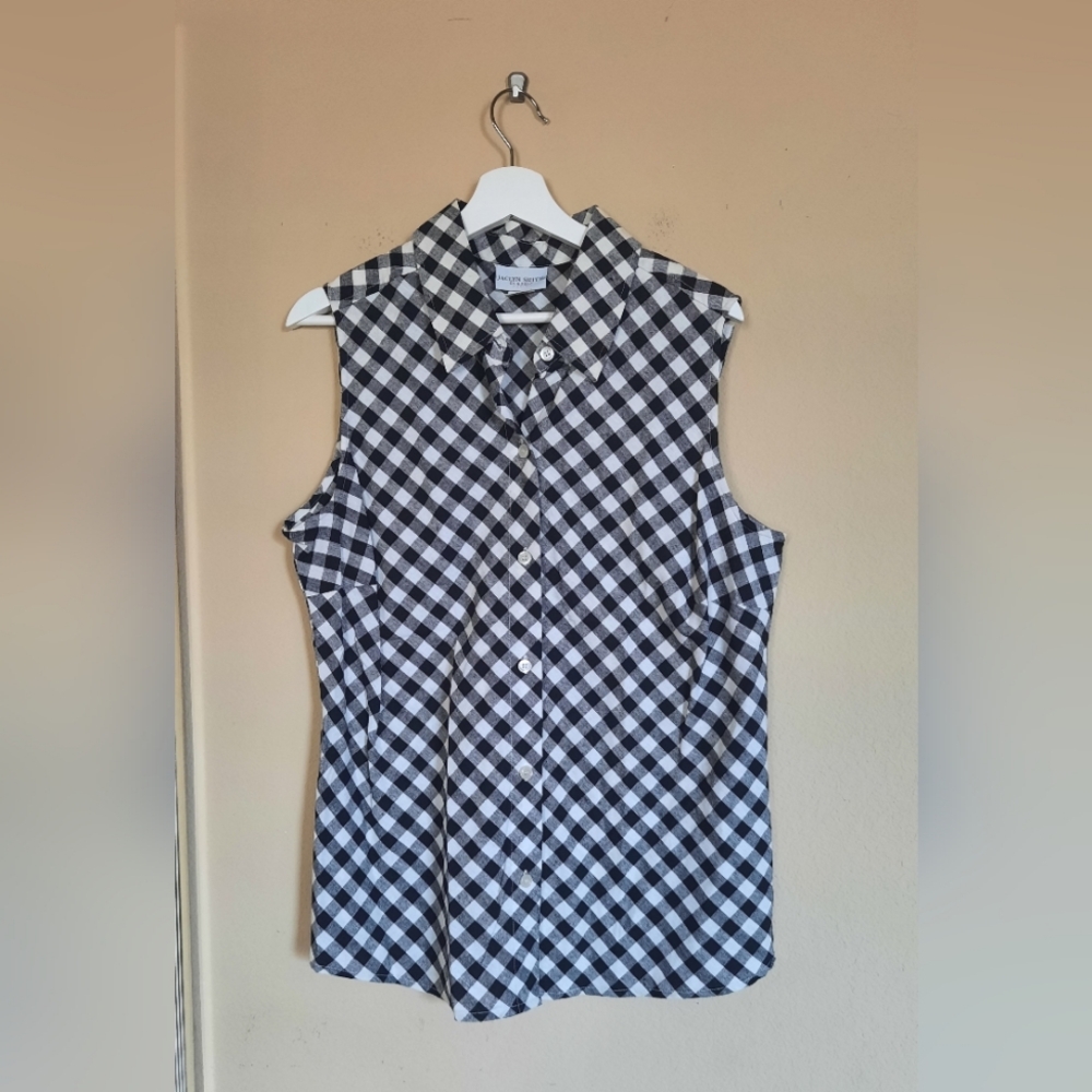 Jaclyn Smith Linen Black White Gingham Checkered Sleeveless Shirt Button Down